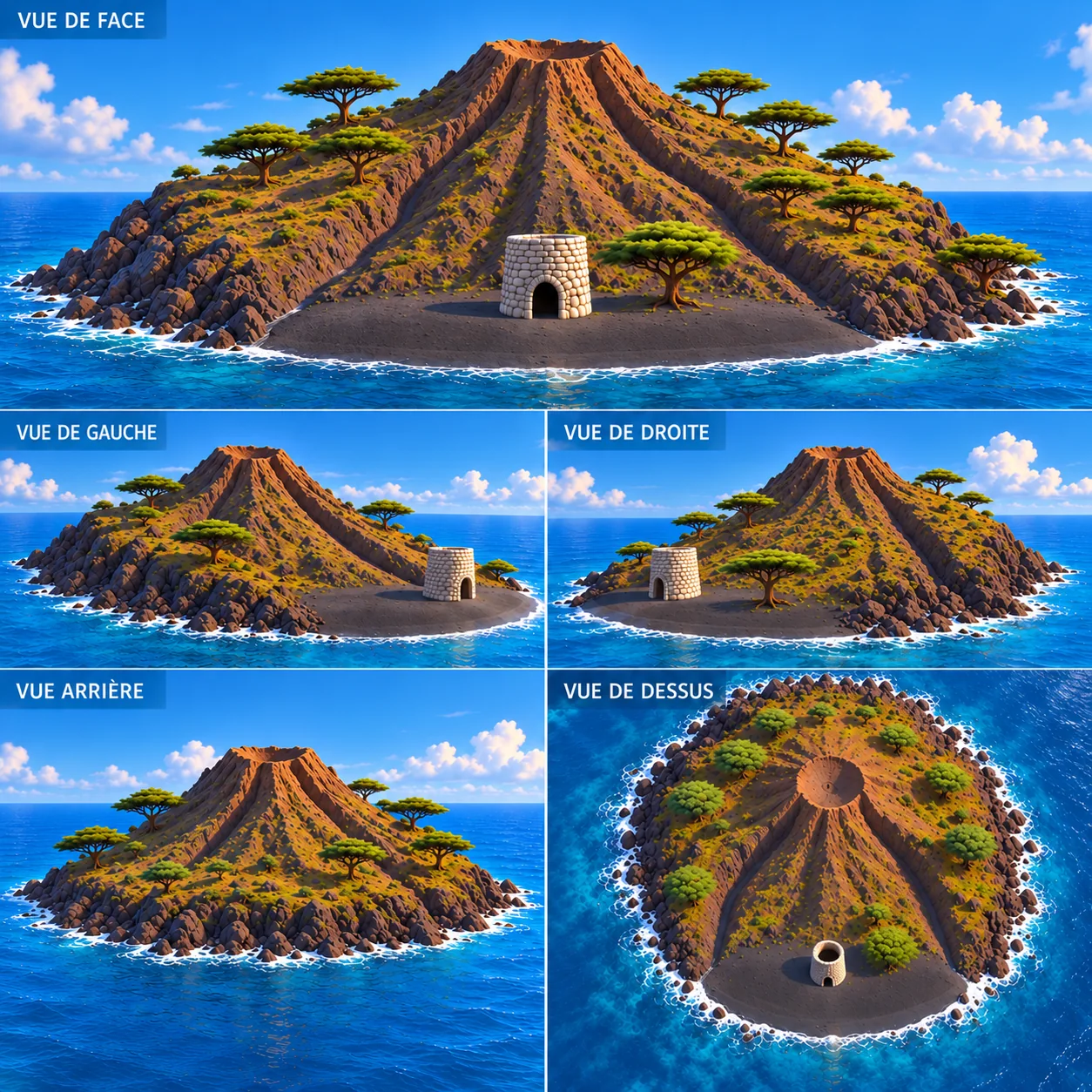 Planche de référence de l'île de BLOUPP, avec son volcan central et sa plage de sable noir