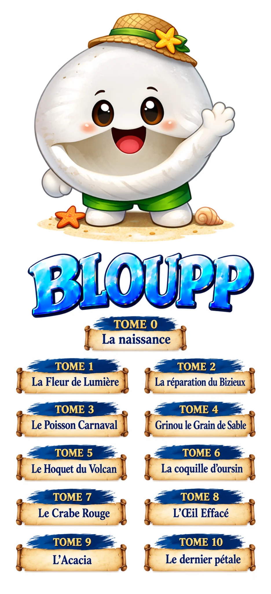 Affiche de la saga BLOUPP présentant les onze tomes